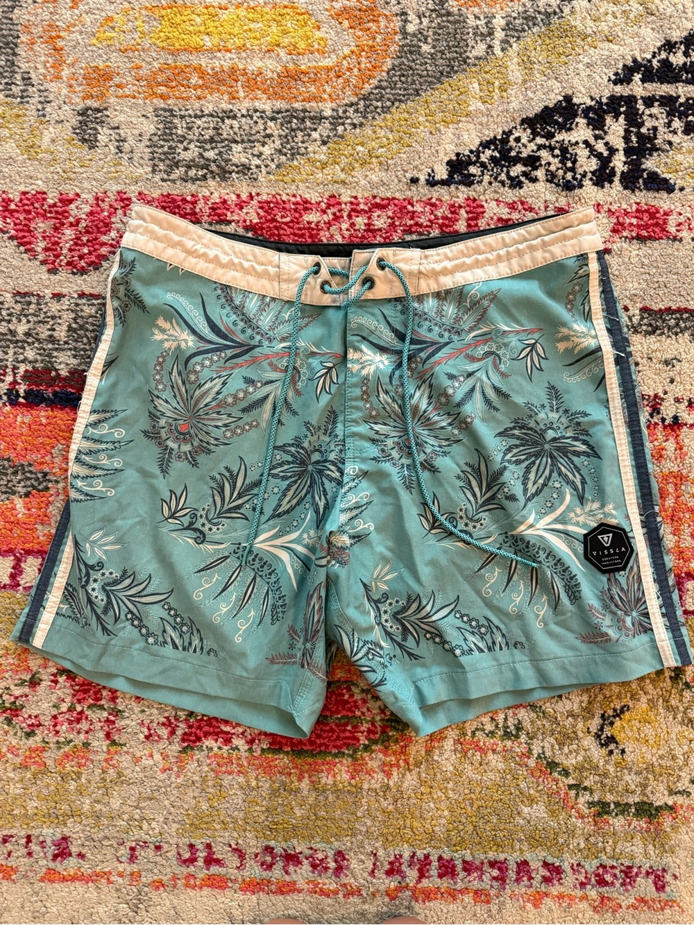 VISSLA Teal Floral Hybrid Swim Shorts with Cream Waistband